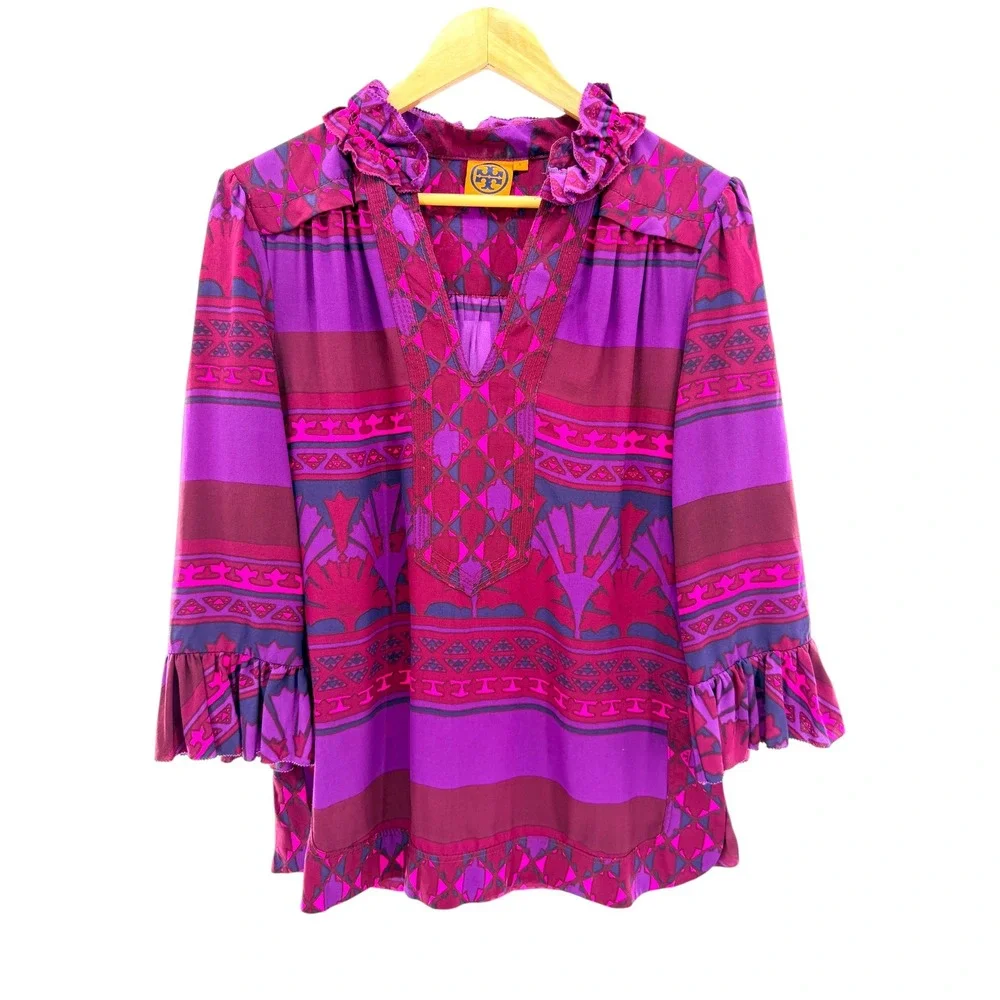 Tory Burch Purple Silk Ruffle Tunic Blouse Geometric Print‎ 3/4 Sleeve Size 8